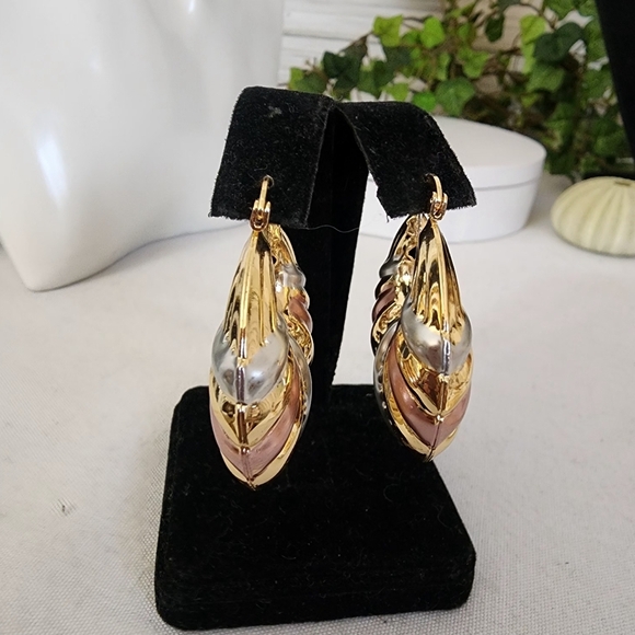 Gold Chunky Hoop Earrings Tricolor Accent - Picture 5 of 9